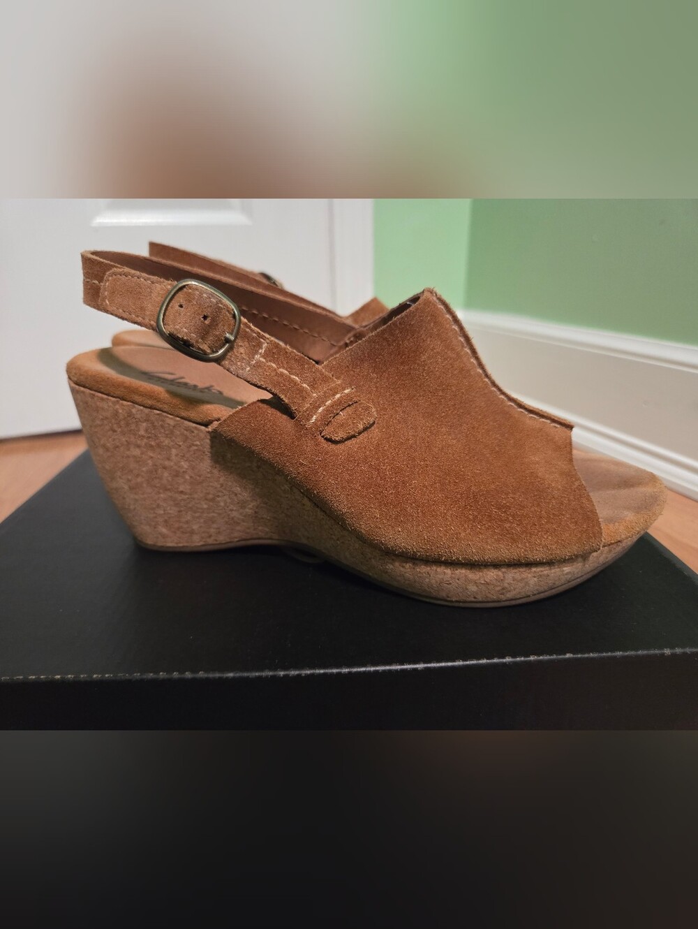 Clarks Elements, Style Harwich Middy, Brown Suede, 3 Inch Cork Wedge, Size 7.5